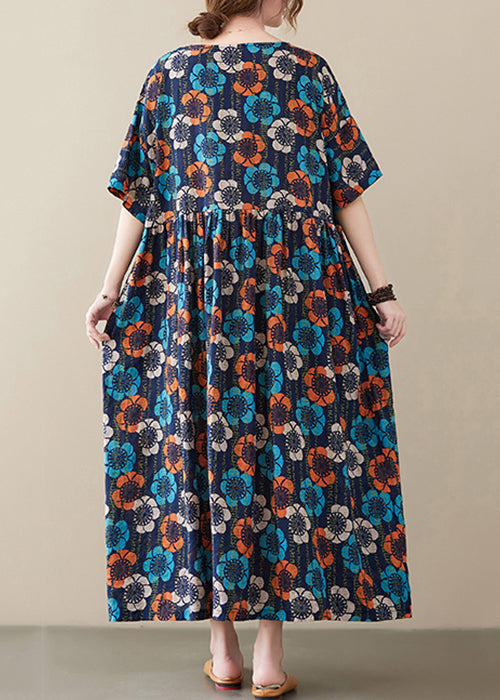 Multi O Neck Print Cotton Long Dress Short Sleeve