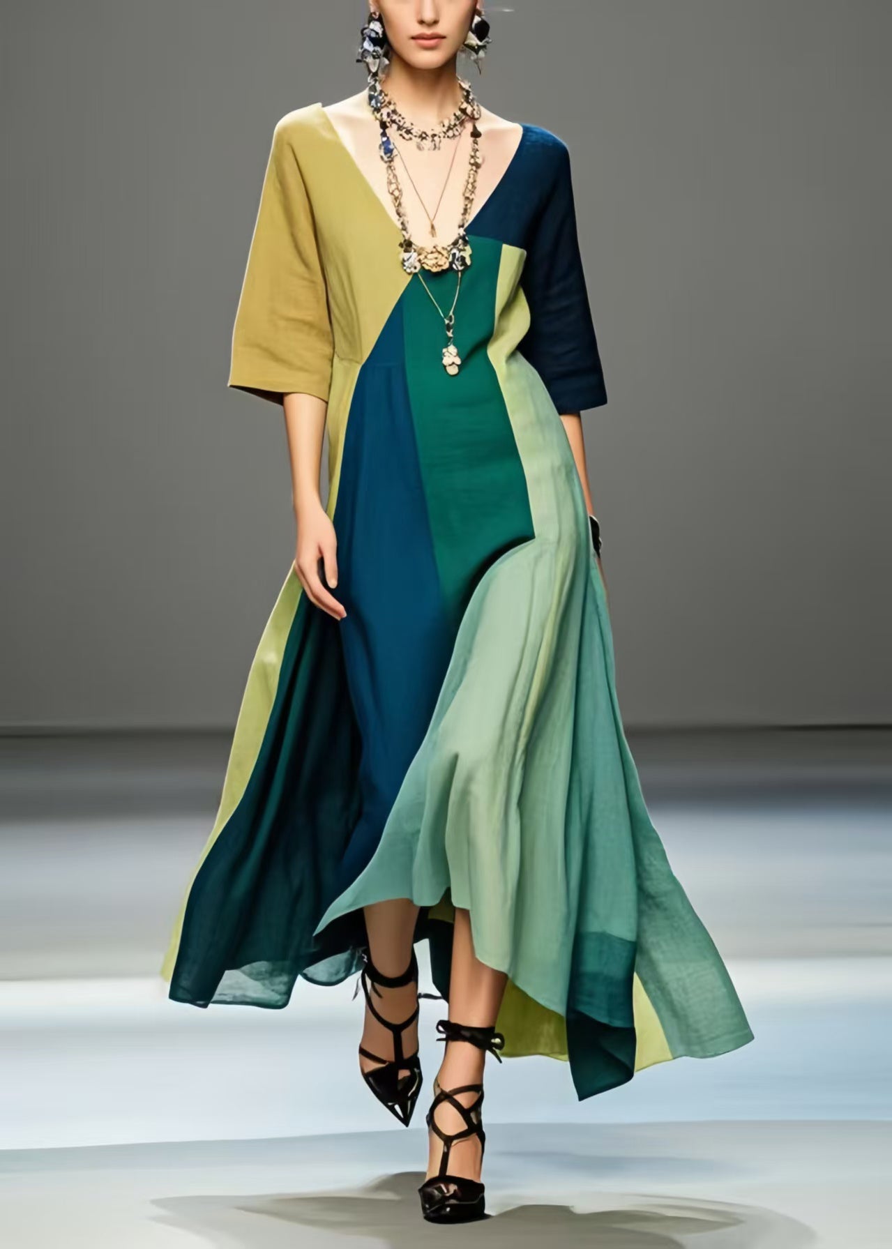 Multicolour V Neck Exra Large Hem Cotton Long Dress Summer