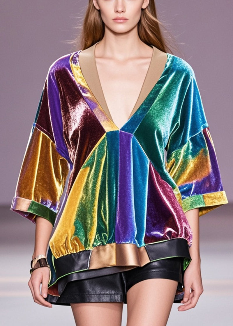 Multicolour V Neck Patchwork Silk Velour Blouse Tops Spring