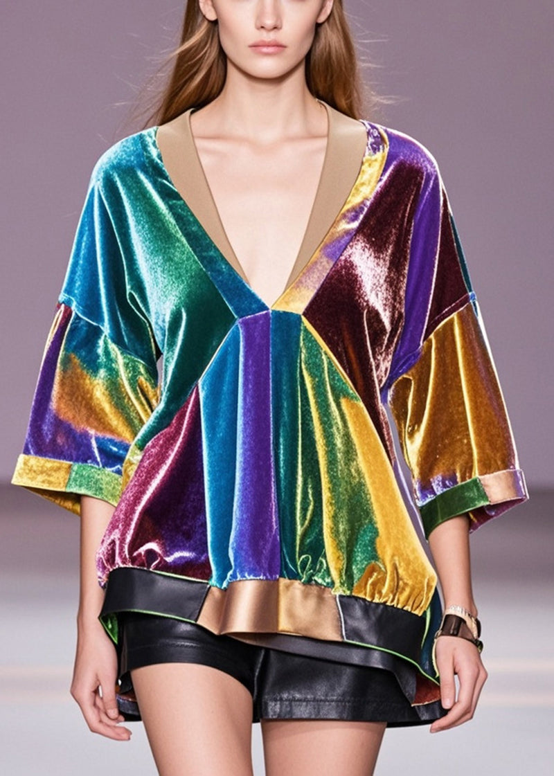 Multicolour V Neck Patchwork Silk Velour Blouse Tops Spring
