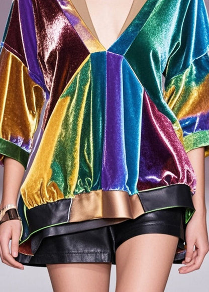 Multicolour V Neck Patchwork Silk Velour Blouse Tops Spring