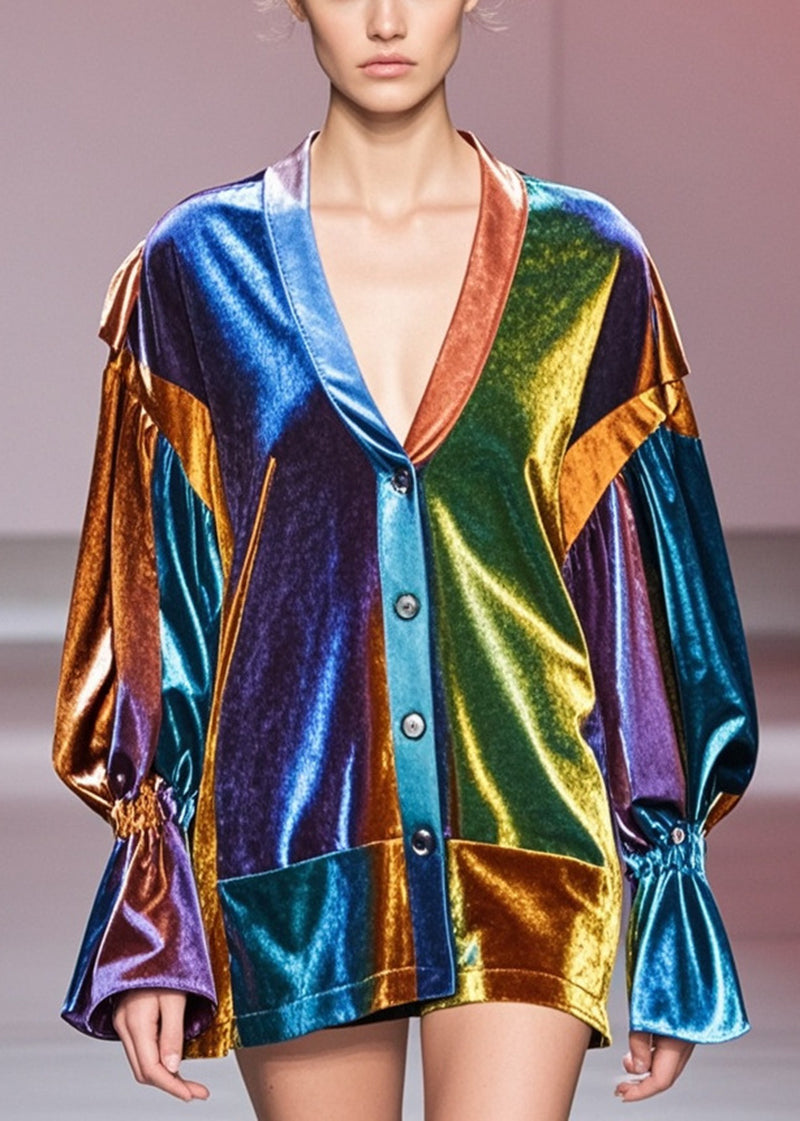 Multicolour V Neck Patchwork Silk Velvet Coats Spring