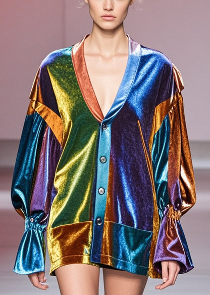 Multicolour V Neck Patchwork Silk Velvet Coats Spring