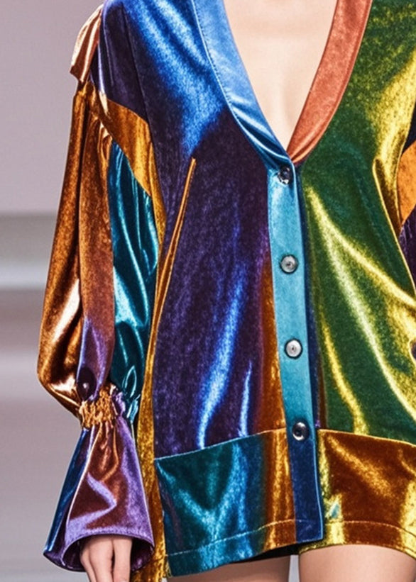 Multicolour V Neck Patchwork Silk Velvet Coats Spring