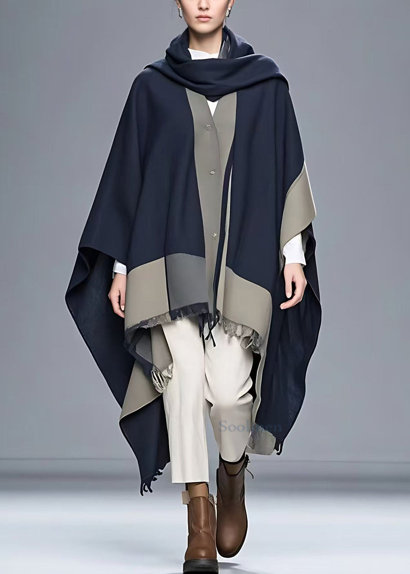 Navy Asymmetrical Button Patchwork Cape Coat Fall