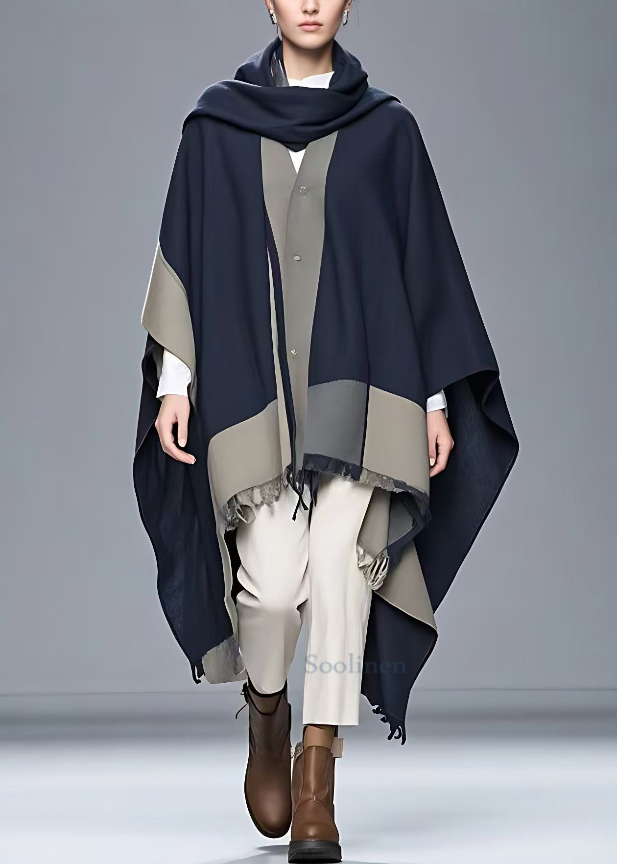 Navy Asymmetrical Button Patchwork Cape Coat Fall