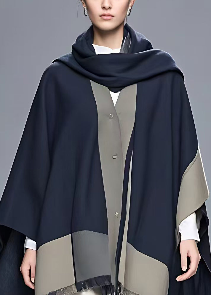 Navy Asymmetrical Button Patchwork Cape Coat Fall