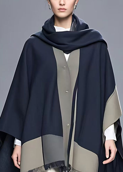 Navy Asymmetrical Button Patchwork Cape Coat Fall