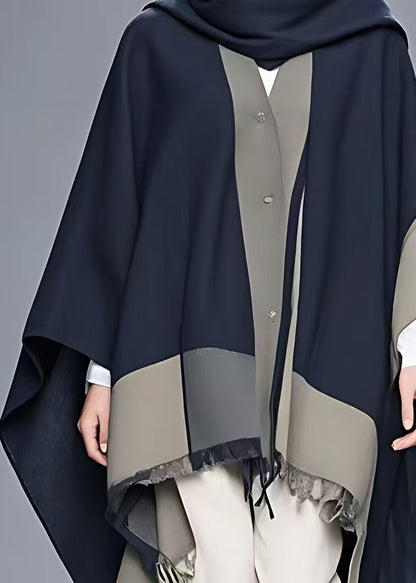 Navy Asymmetrical Button Patchwork Cape Coat Fall