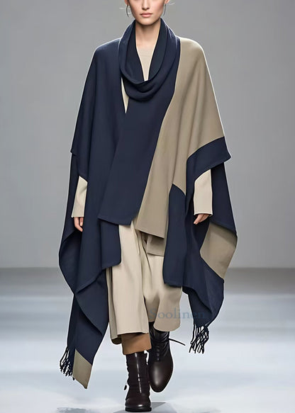 Navy Asymmetrical Patchwork Cotton Coats Fall