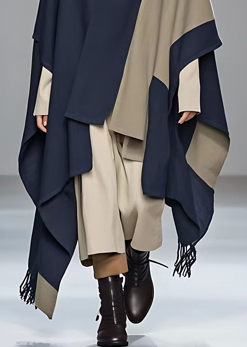 Navy Asymmetrical Patchwork Cotton Coats Fall