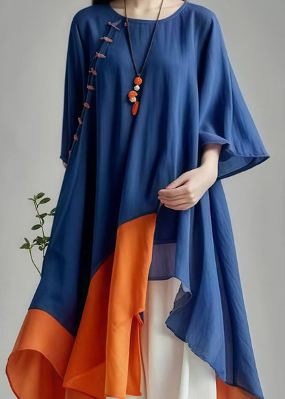 Navy Asymmetrical Patchwork Cotton Dress Summer