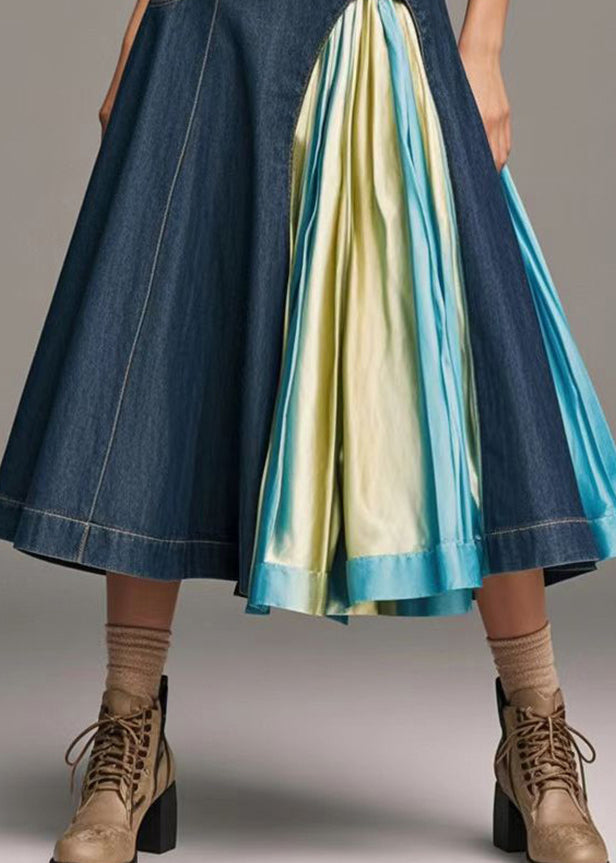 Navy Asymmetrical Patchwork Tie Dye Denim a Line Skirts Fall