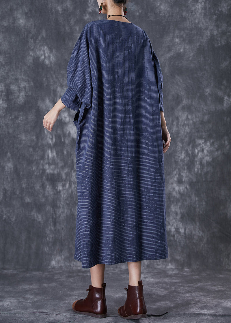Navy Asymmetrical Pockets Striped Linen Gown Dresses Fall