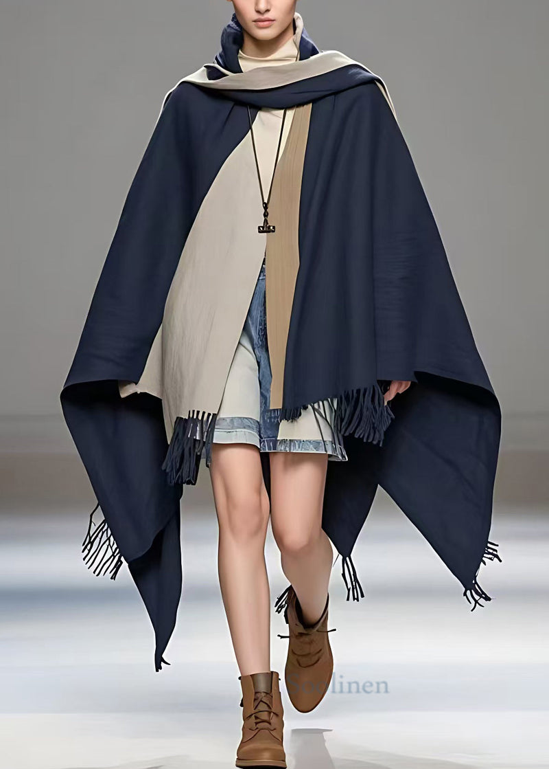Navy Asymmetrical Tasseled Cotton Coat Fall