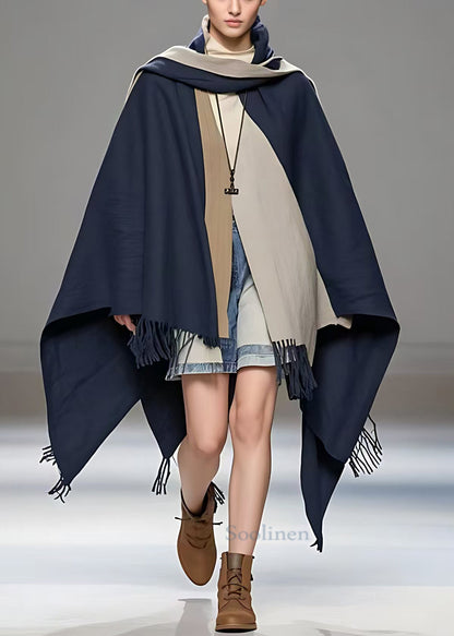 Navy Asymmetrical Tasseled Cotton Coat Fall