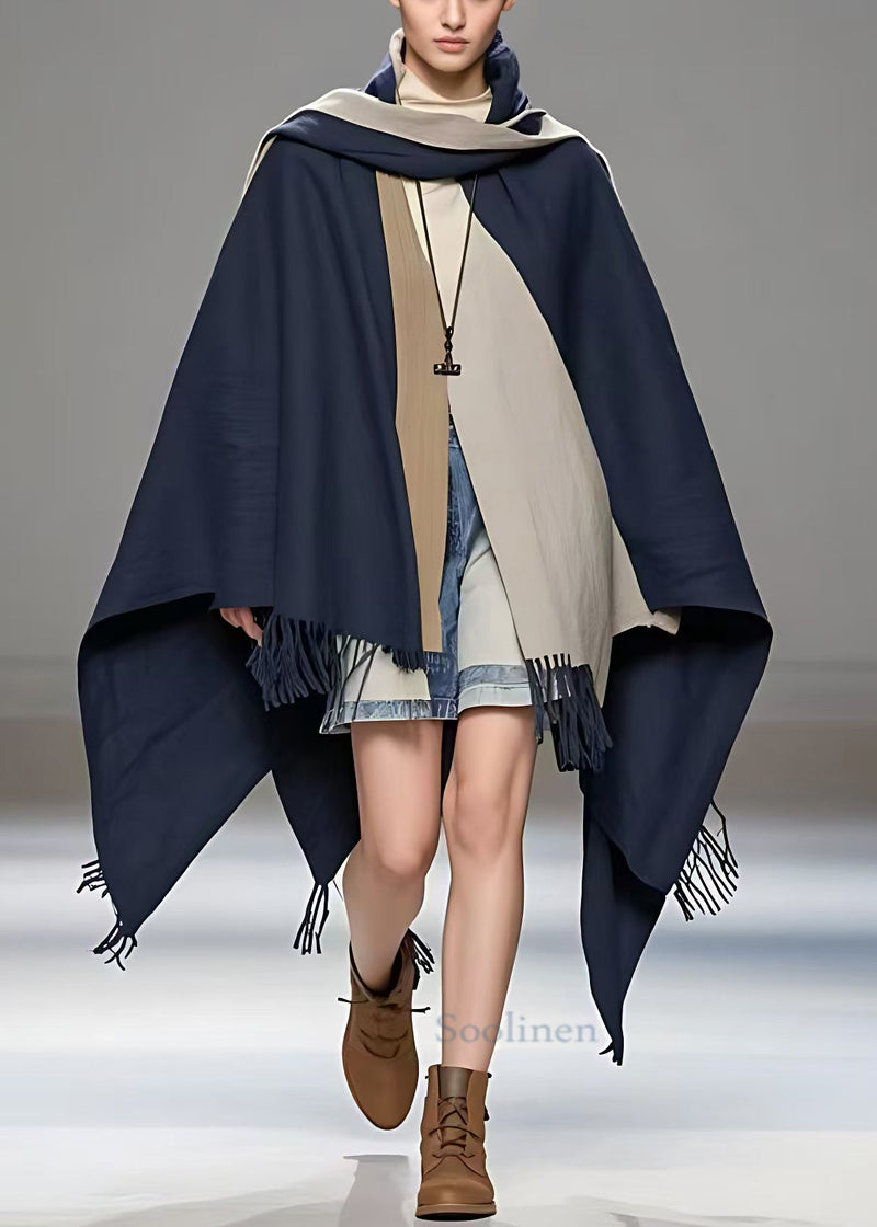 Navy Asymmetrical Tasseled Cotton Coat Fall