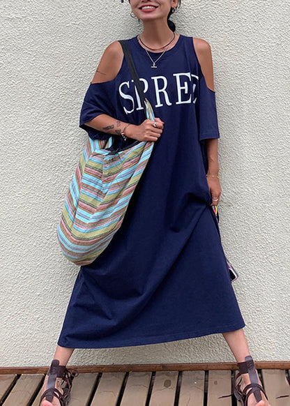 Navy Blue Graphic Cold Shoulder Holiday Maxi Dress Short Sleeve