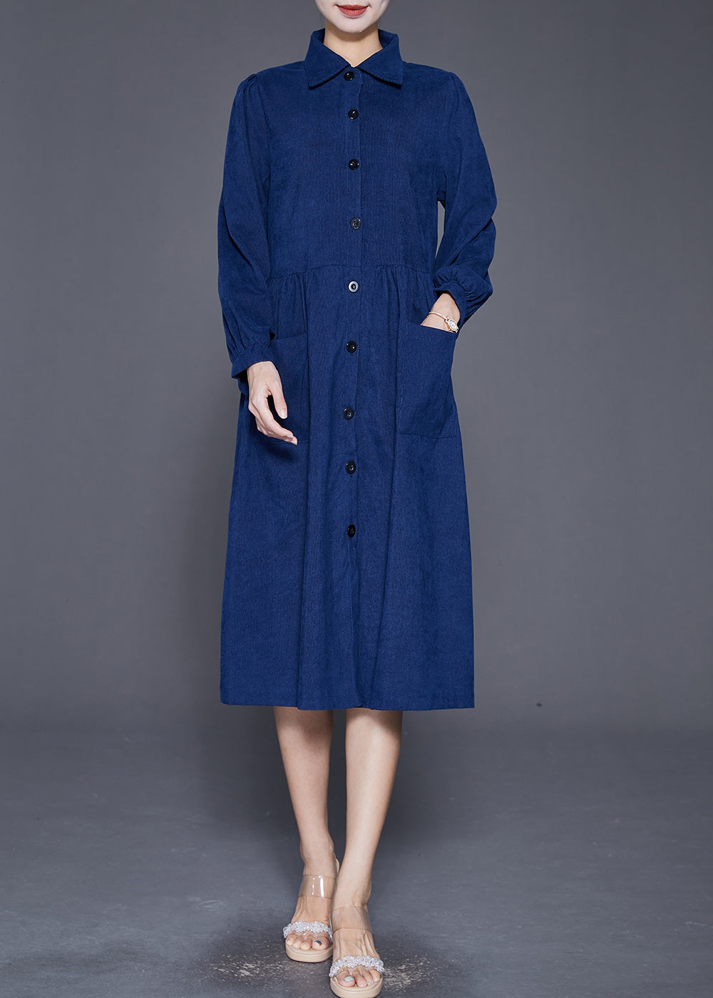 Navy Button Down Pockets Corduroy Dress Fall