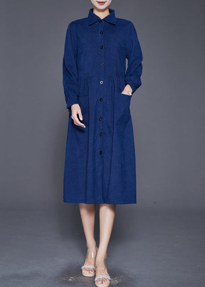 Navy Button Down Pockets Corduroy Dress Fall