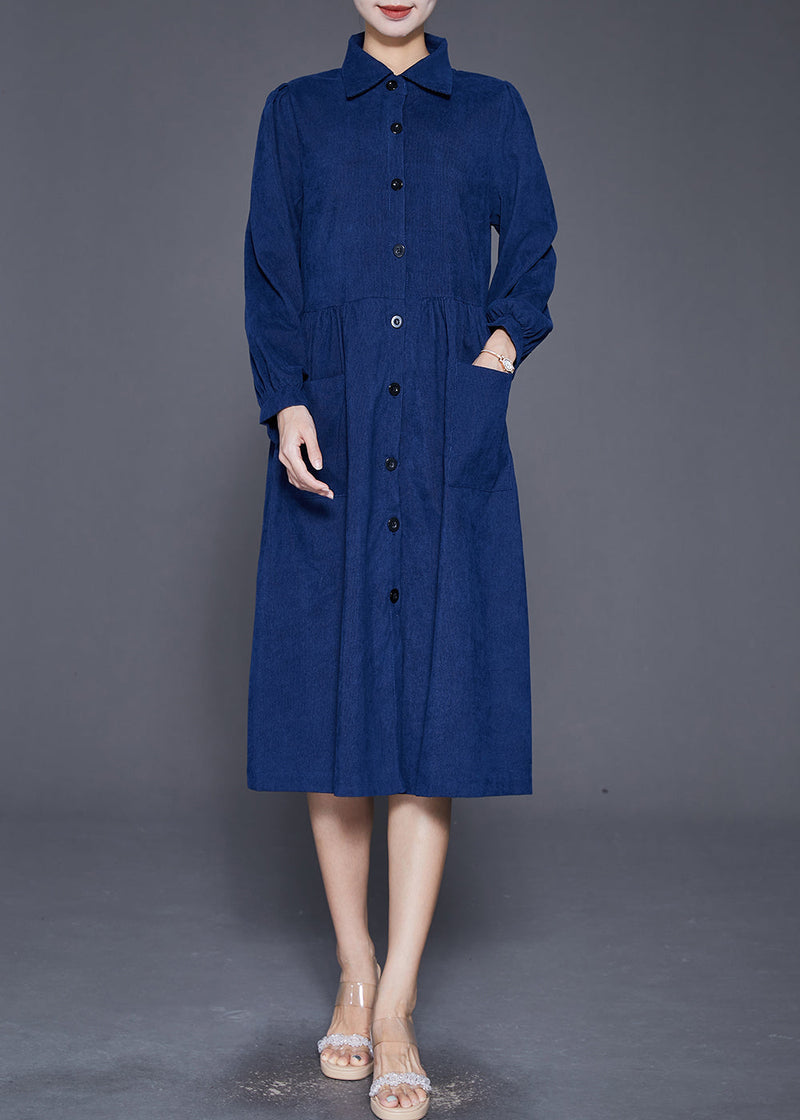 Navy Button Down Pockets Corduroy Dress Fall