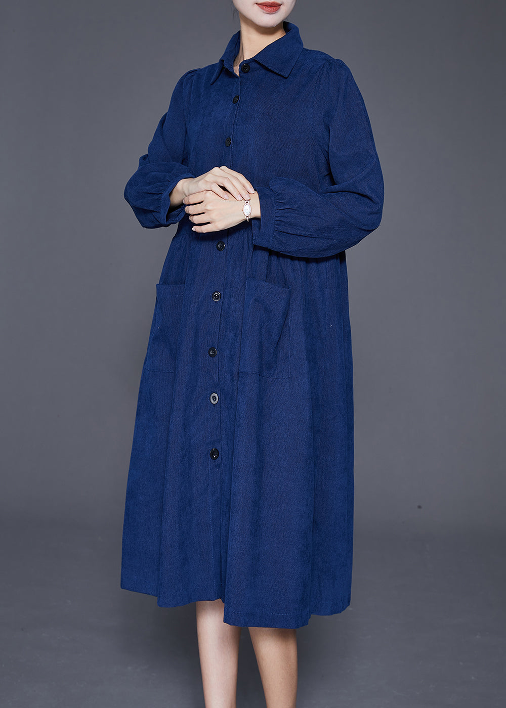 Navy Button Down Pockets Corduroy Dress Fall