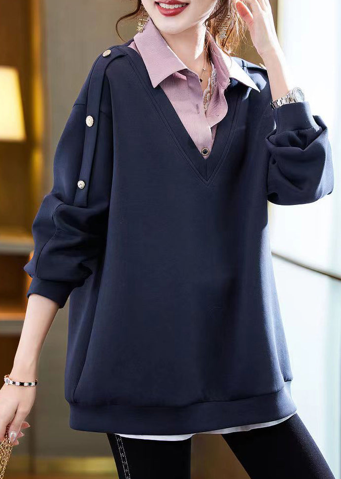 Navy Button Patchwork False Two Pieces Cotton Top Long Sleeve