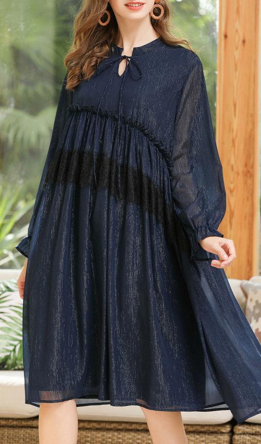 Navy Cinched Chiffon O-neck Summer Maxi Dress