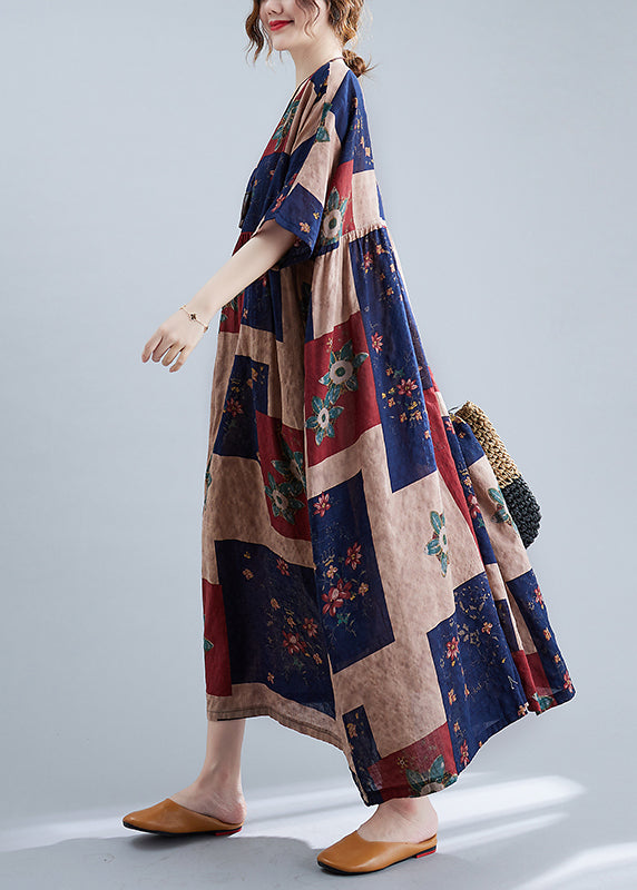 Navy Cinched O-neck Print Dresses Half Sleeve