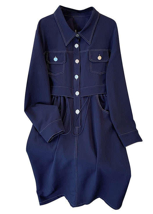 Navy Drawstring Pockets Denim Dress Long Sleeve