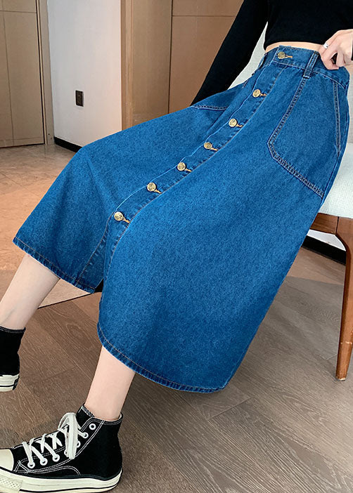 Navy Elastic Waist Button Exra Large Hem Cotton Denim Skirt Summer