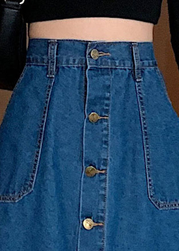 Navy Elastic Waist Button Exra Large Hem Cotton Denim Skirt Summer
