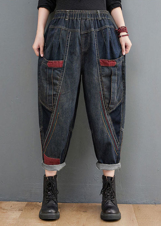 Navy Elastic Waist Pockets Patchwork Cotton Denim Pants Fall