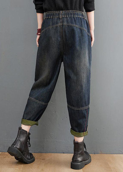Navy Elastic Waist Pockets Patchwork Cotton Denim Pants Fall