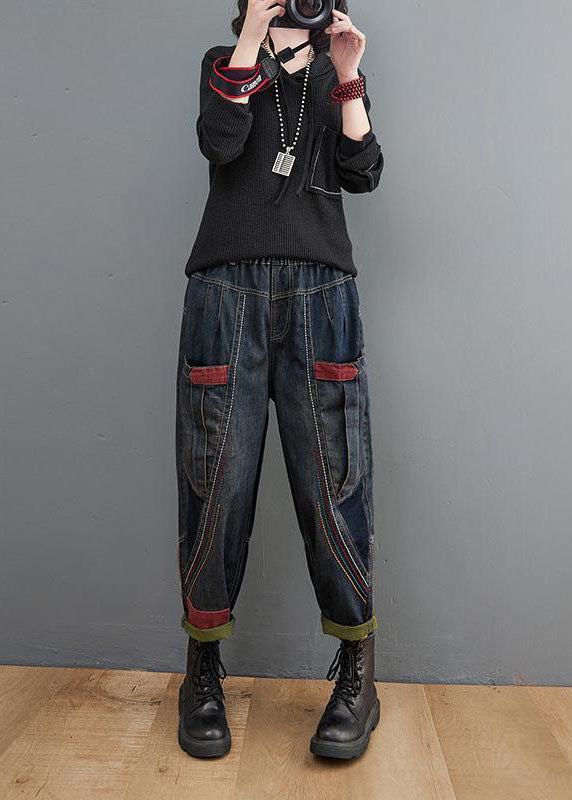 Navy Elastic Waist Pockets Patchwork Cotton Denim Pants Fall