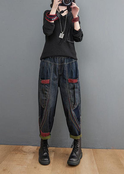 Navy Elastic Waist Pockets Patchwork Cotton Denim Pants Fall
