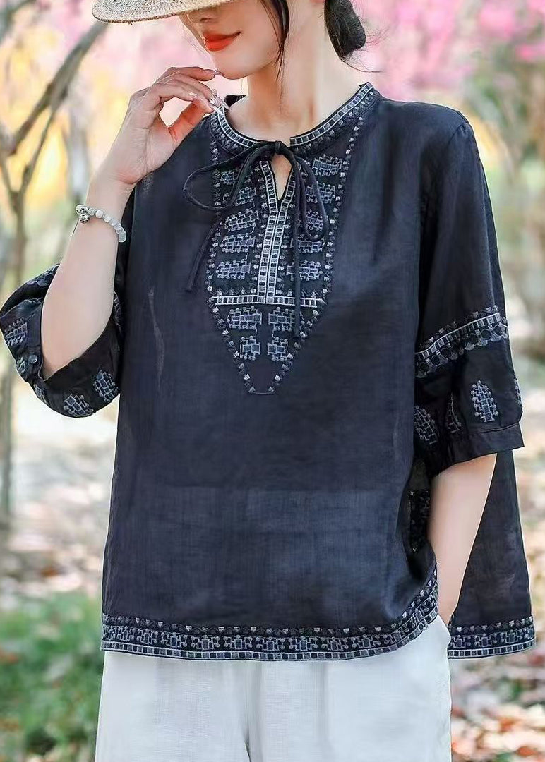 Navy Embroidered Linen Blouses Summer