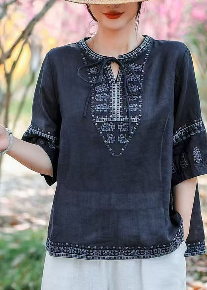 Navy Embroidered Linen Blouses Summer