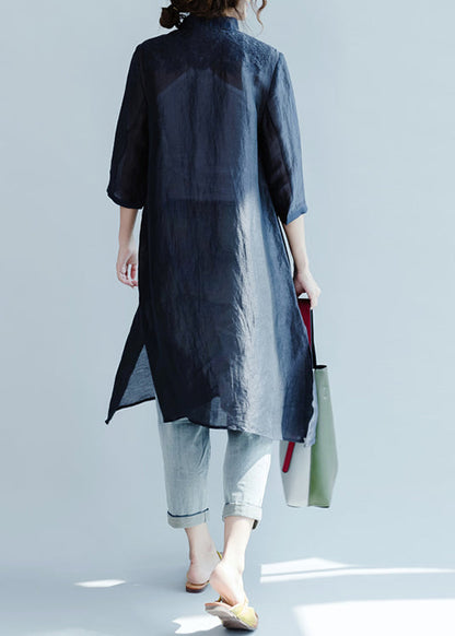 Navy Embroideried Button Blouses Three Quarter Sleeve