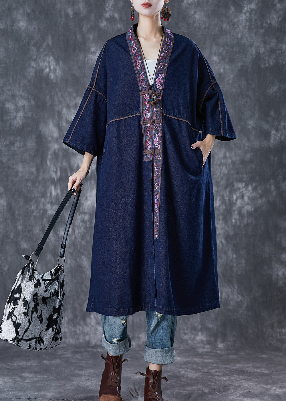 Navy Embroidered Chinese Button Denim Trench Fall