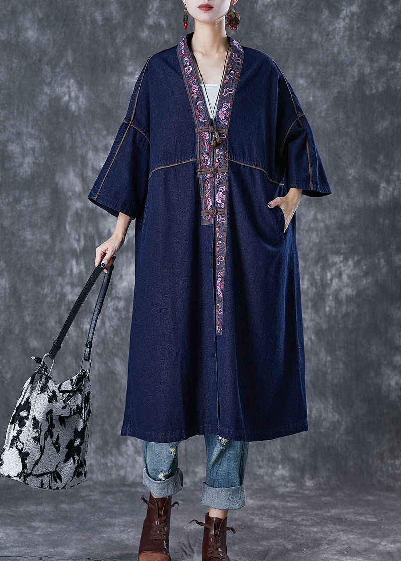 Navy Embroidered Chinese Button Denim Trench Fall