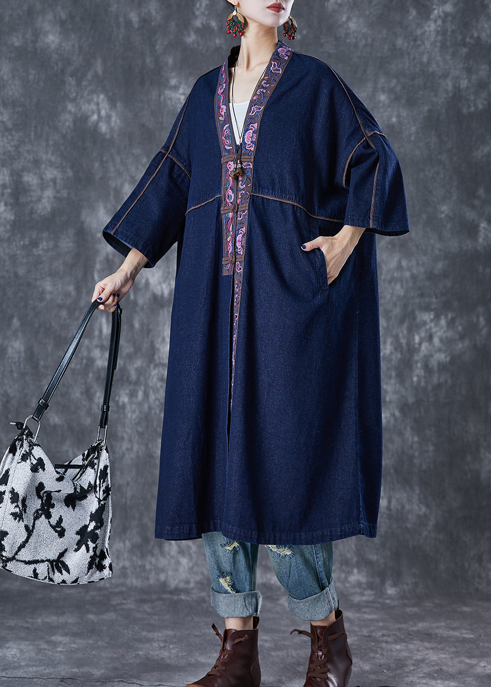 Navy Embroidered Chinese Button Denim Trench Fall