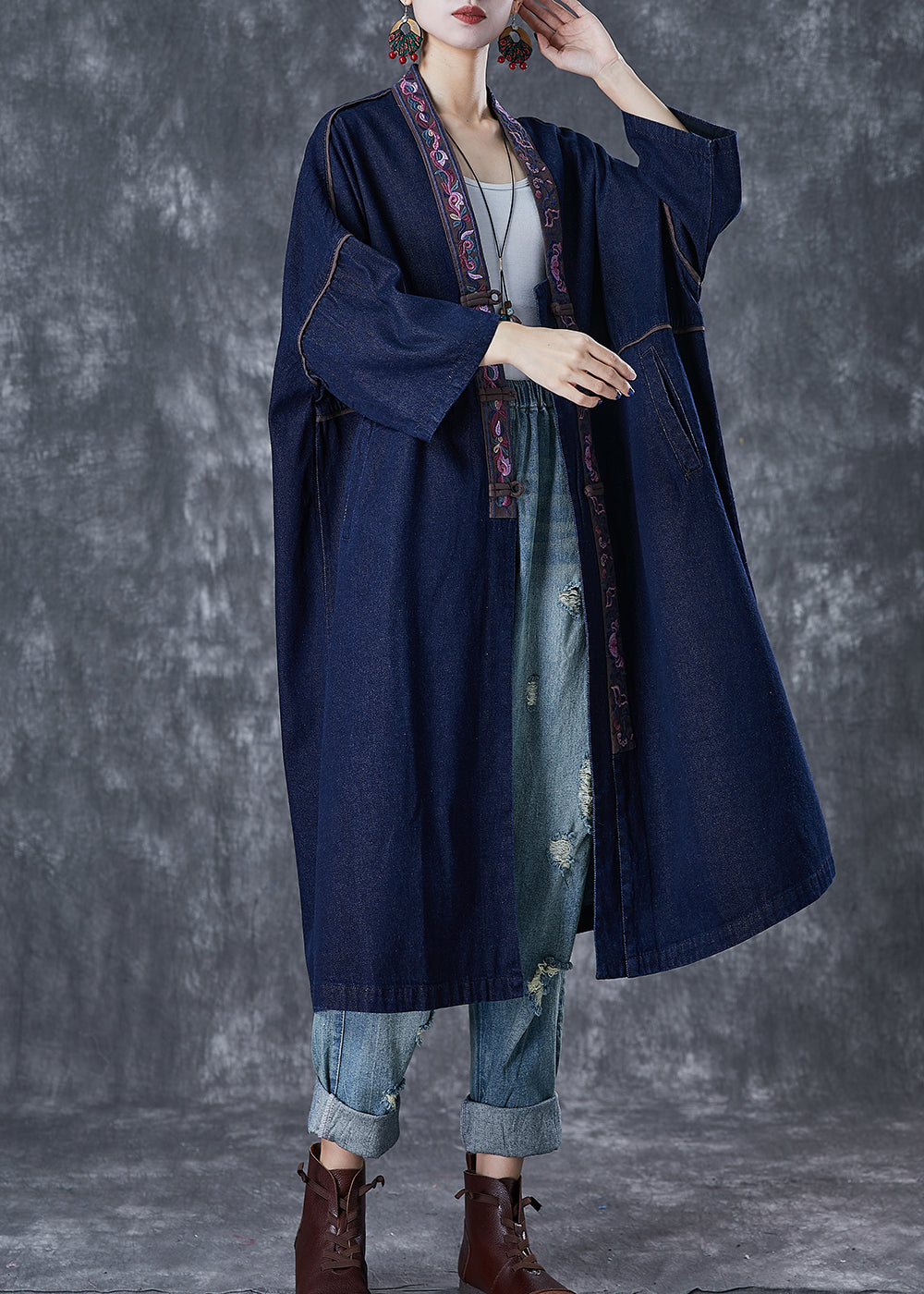 Navy Embroidered Chinese Button Denim Trench Fall