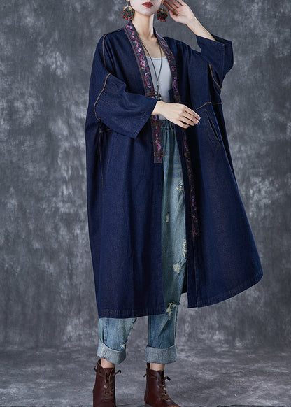 Navy Embroidered Chinese Button Denim Trench Fall