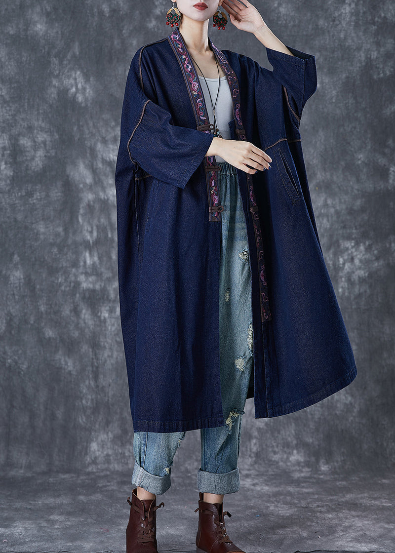 Navy Embroidered Chinese Button Denim Trench Fall
