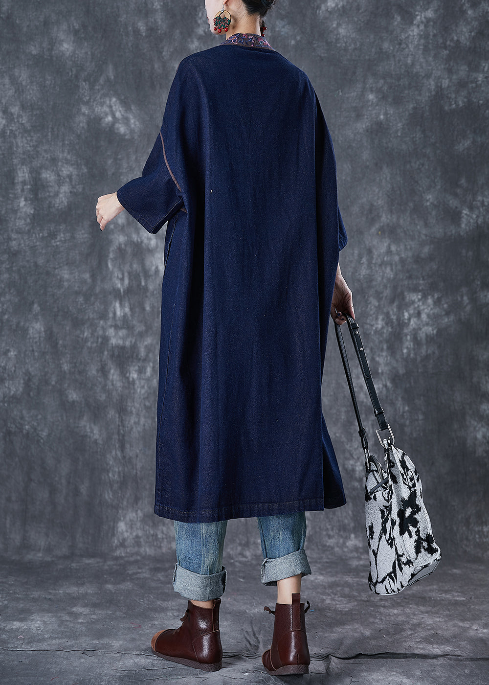 Navy Embroidered Chinese Button Denim Trench Fall