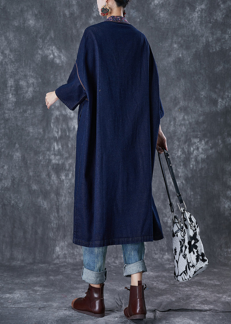 Navy Embroidered Chinese Button Denim Trench Fall