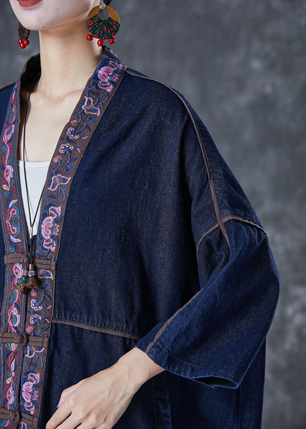 Navy Embroidered Chinese Button Denim Trench Fall