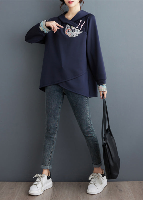 Navy Embroidered Patchwork Cotton Sweatshirt Tops Spring