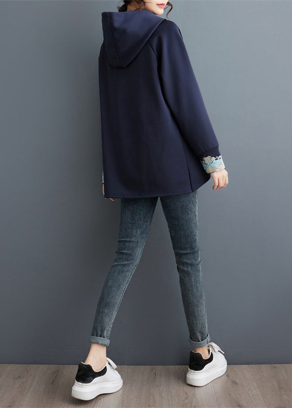 Navy Embroidered Patchwork Cotton Sweatshirt Tops Spring